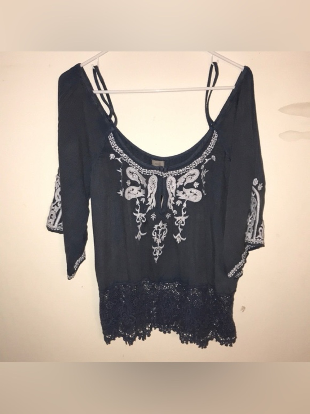 Ecote Navy Peasant Top with White Embroidery